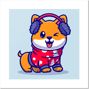 Cute Shiba Inu Dog In Winter Season Cartoon Posters and Art